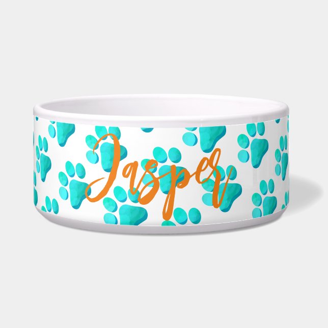 Paw Prints Aqua Blue PET NAME Orange Modern Fun Napf (Vorderseite)