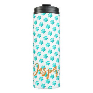 Paw Prints Aqua Blue PET NAME Orange Modern Fun Thermosbecher