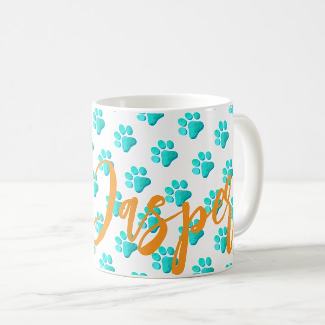 Paw Prints Aqua Pet NAME Orange Cat Dog Fun Kaffeetasse (VorderseiteRechts)