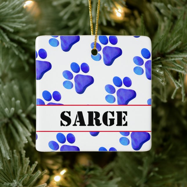 Paw Prints Blue PET NAME Patriotic Dog Cat Fun Keramikornament (Baum)