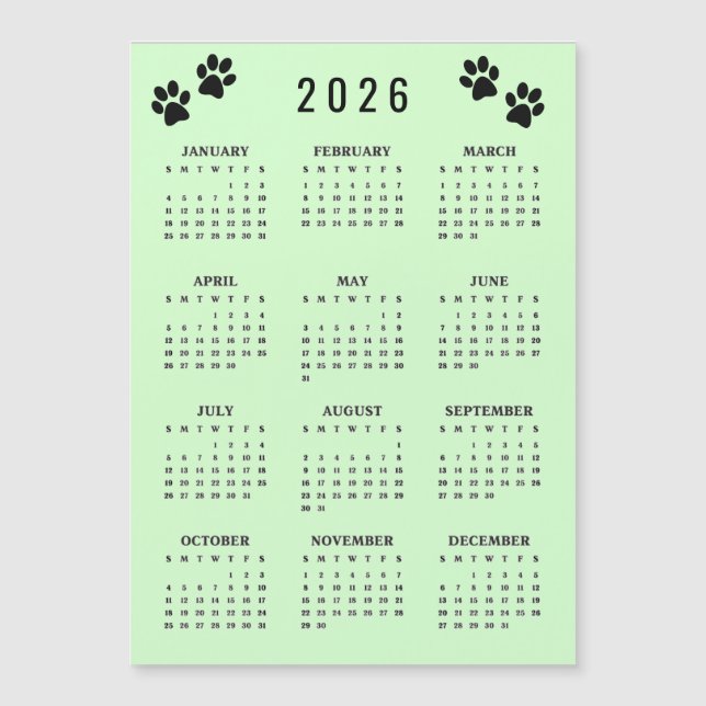 Paw Prints Design 2026 Kalender Magnetkarte (Vorderseite)