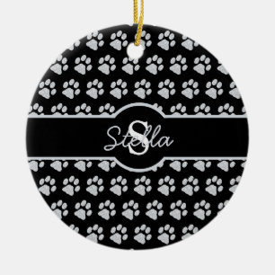 Paw Prints Glitzer Silver Monogram Cat Dog Mama Keramik Ornament