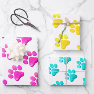 Paw Prints Hunde Katzen Rosa Gelb Blauer Spaß Geschenkpapier Set