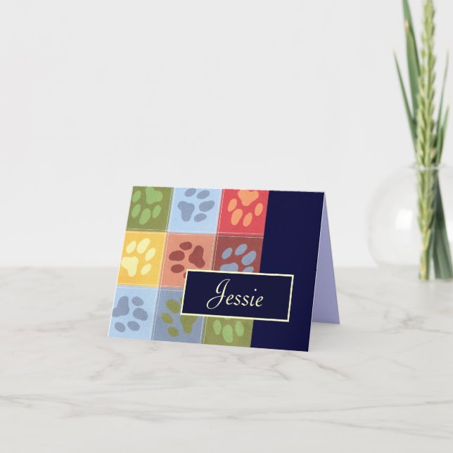Paw Prints Note Card with Name Karte (Vorderseite)