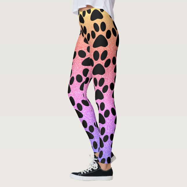 Paw Prints Rosa Rose Gold Glitzer Schwarze Muster Leggings (Links)