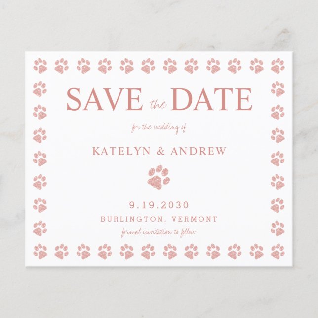 Paw Prints Rose Gold Save the Date Einladung (Vorderseite)