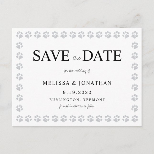 Paw Prints Silver Glitzer Save the Date kein Foto Postkarte (Vorderseite)