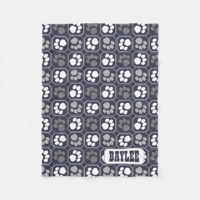 Paw Prints Tile Design Navy Blue Fleecedecke (Vorderseite)