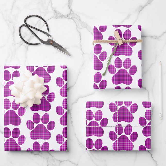 Paw Shape Plaid Pink Purple Cat Dog Geschenkpapier Set (Vorderseite)