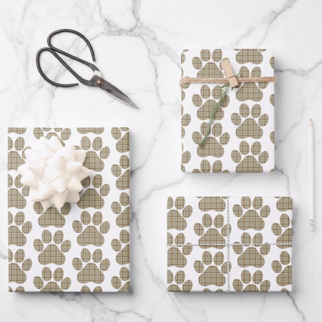 Paw Shape Plaid Tan Dog Cat Geschenkpapier Set (Vorderseite)