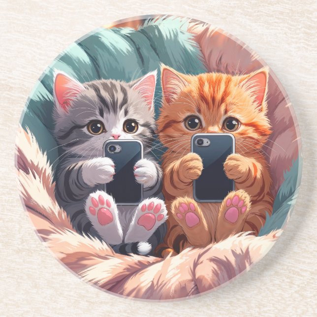 Paw-sitive Vibes – Fluffige Kätzchen machen Selfie Getränkeuntersetzer (Vorne)