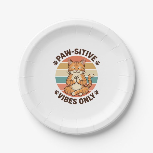 Paw-Sitive Vibes Only Meditierende Katze Retro-Des Pappteller (Vorderseite)
