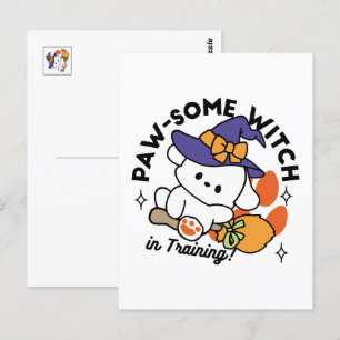 Paw-some Hexe in Ausbildung – Süßer Halloween-Hund Postkarte