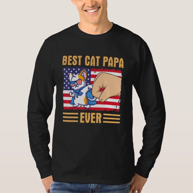 Paw Touching Hand US Flag America Best Cat Papa Ev T-Shirt (Vorderseite)