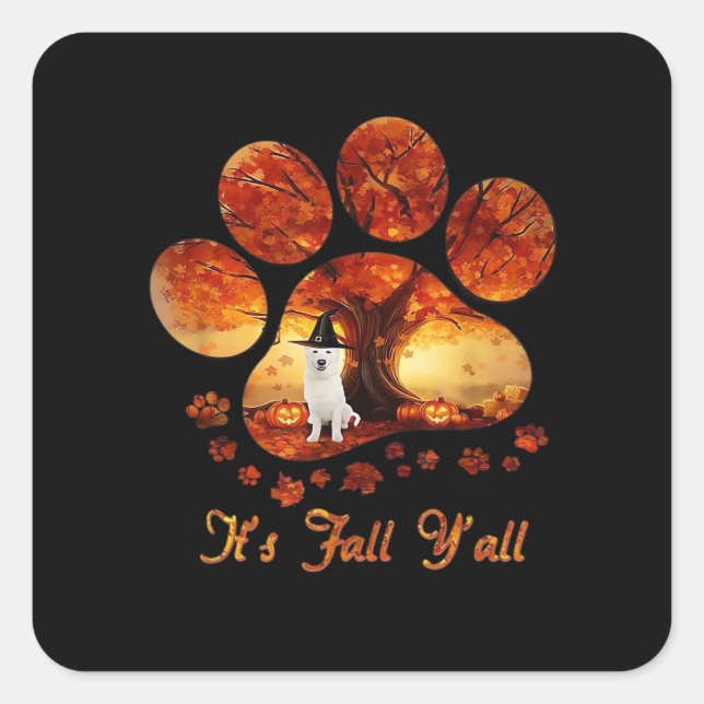 Paw Tree It's Fall Y’all White Dog Quadratischer Aufkleber (Vorderseite)
