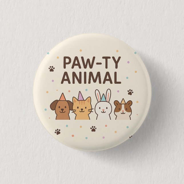 Paw-ty-Animal-Niedliche Geburtstagspartei Button (Vorderseite)