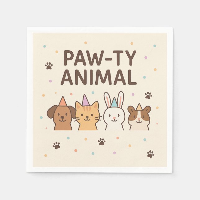 Paw-ty-Animal-Niedliche Geburtstagspartei Serviette (Vorderseite)