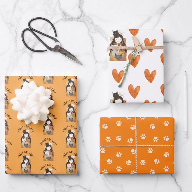 Paw und Herz Muster Funny Cat Lover Geschenkpapier Set (Vorderseite)
