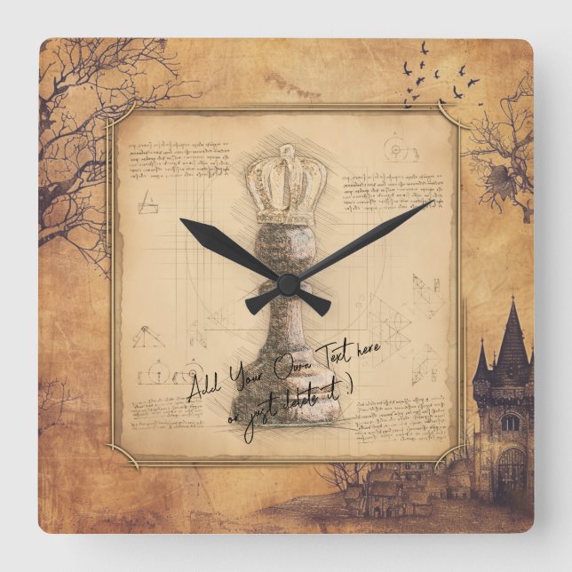 Pawn King / Queen Vintage Schachspende Quadratische Wanduhr (Vorderseite)