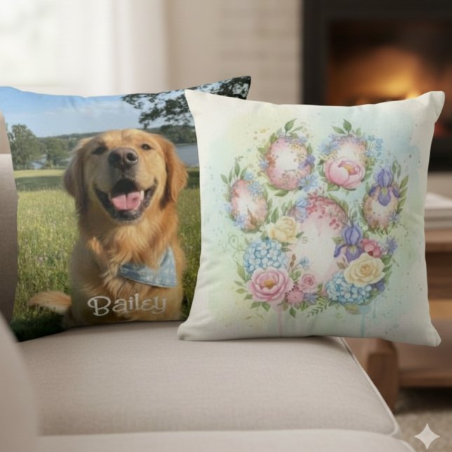 Pawprint Pillow – Watercolor Floral Pet Art Kissen (Watercolor botanical floral pet photo pillow)