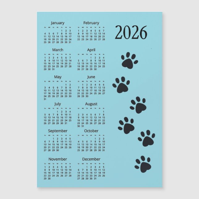 Pawprints Design 2026 Calendar Magnetic Card Magnetkarte (Vorderseite)