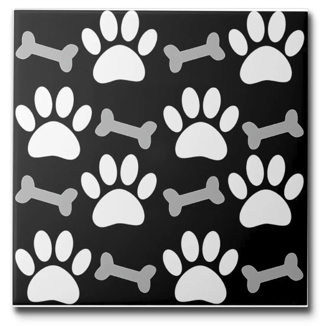 Paws And Bones Nahtloses Schwarz Weiß Grau Maßgesc Fliese (Von Creator hochgeladen)