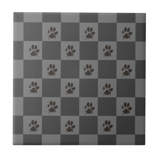 Paws Dog Pet Checkerboard Dunkelgrau | Fliese (Vorderseite)