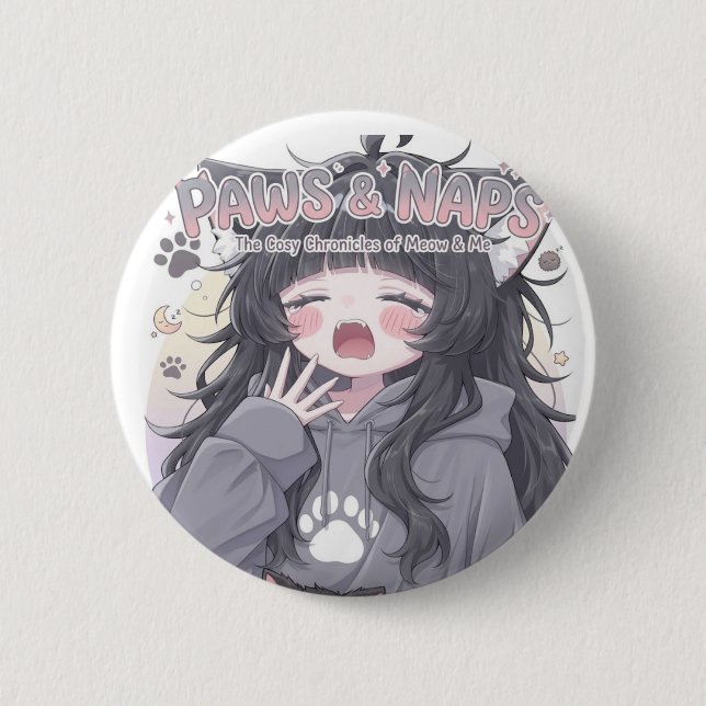 Paws & Naps Süßes Gähnendes Anime-Mädchen Knopf -  Button (Vorderseite)