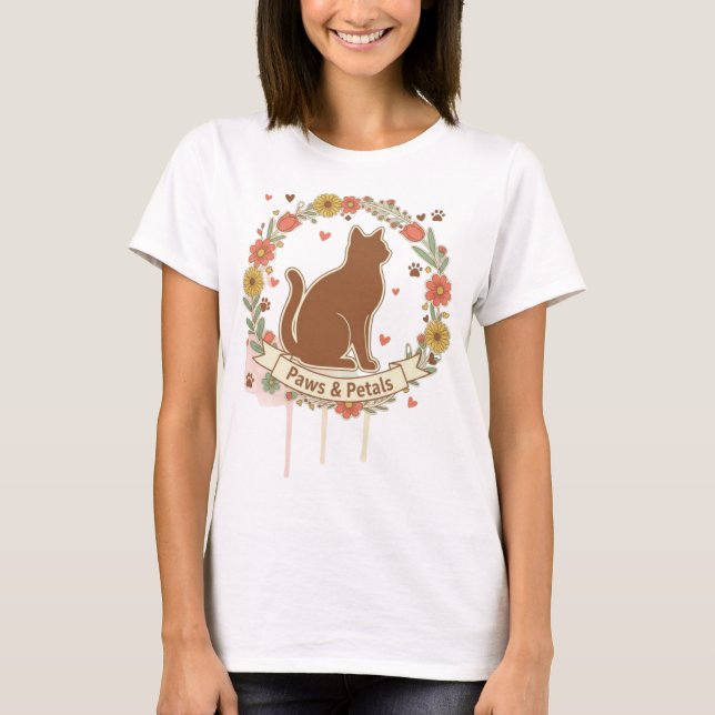 Paws & Petals Katzen-Blumendesign T-Shirt (Vorderseite)