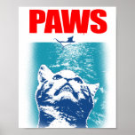 PAWS POSTER<br><div class="desc">Paws bietet das perfekte Meeresmonster auf texturiertem Wasser mit seiner ahnungslosen Beute oben. Dieses Design hat fett roten Text und basiert auf einem Thema aus den 80er Jahren. #paws #cats #retro #predator #feline #mouse #colorful #popculture #1980's #Spaß #animal #niedlich</div>