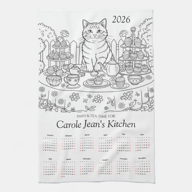 Paws & Tea Time Küchenhandtücher 2026 Kalender Geschirrtuch (Vertikal)