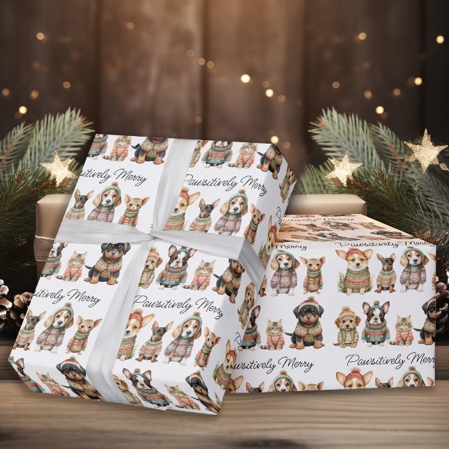 Pawsitiv frohe Weihnachten Niedliche Hunde Katzen  Geschenkpapier (Von Creator hochgeladen)