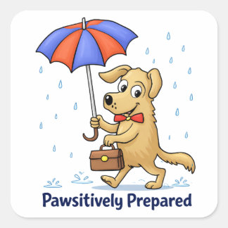 Pawsitively Prepared – Cute Dog with Umbrella Quadratischer Aufkleber