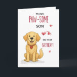 Pawsome Son Birthday Funny Golden Retriever Karte<br><div class="desc">Hier ist eine Geburtstagskarte mit einem liebenswerten Goldenen Retriever, geschaffen für Söhne, die Hunde mit großen Herzen lieben und Schwänze wackeln. Ich entwarf diese Karte, um ein Lächeln mit ihrer spielerischen Vorderseite und der lichtdurchfluteten Insider-Botschaft zu bringen. Es ist eine nette Art, Ihrem phantastischen Sohn glücklichen Geburtstag zu sagen und...</div>