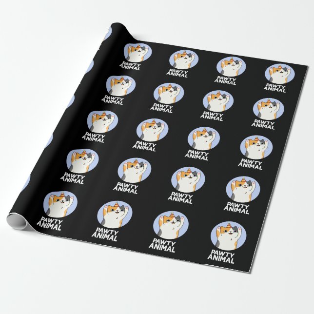 Pawty Animal Funny Party Cat Pun Dark BG Geschenkpapier (Ungerollt)