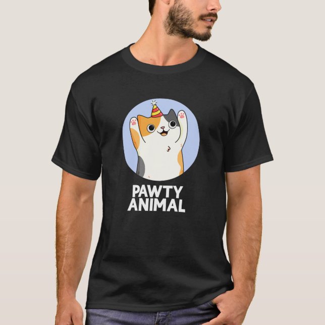 Pawty Animal Funny Party Cat Pun Dark BG T-Shirt (Vorderseite)