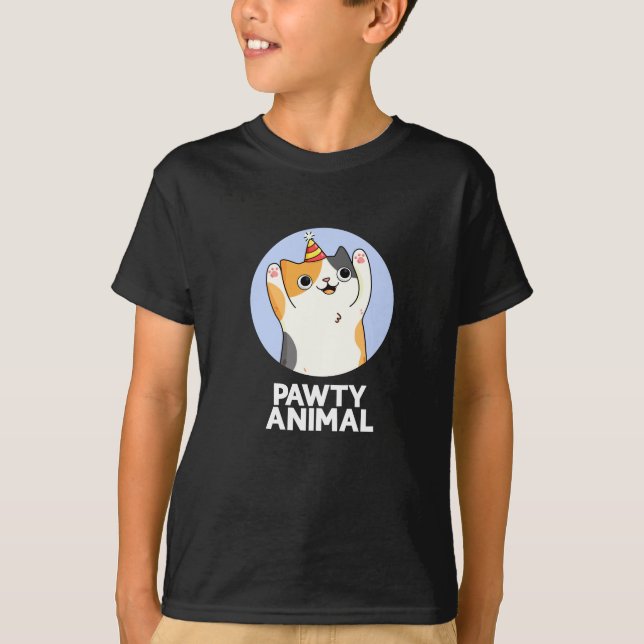 Pawty Animal Funny Party Cat Pun Dark BG T-Shirt (Vorderseite)