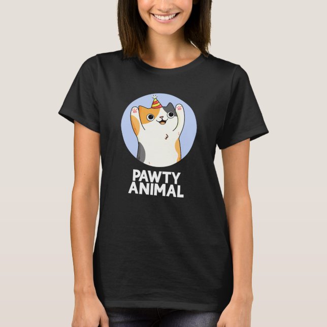 Pawty Animal Funny Party Cat Pun Dark BG T-Shirt (Vorderseite)