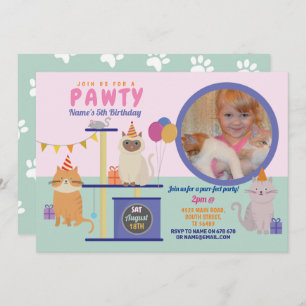 Pawty Birthday Cat Kitten Paw Girls Fun Foto Einladung