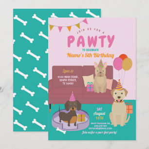 Pawty Birthday Hunde Party Welpe Fun Pink Einladung