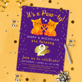 Pawty Lila Orange Twin Friend Kitten Joint Party Einladung