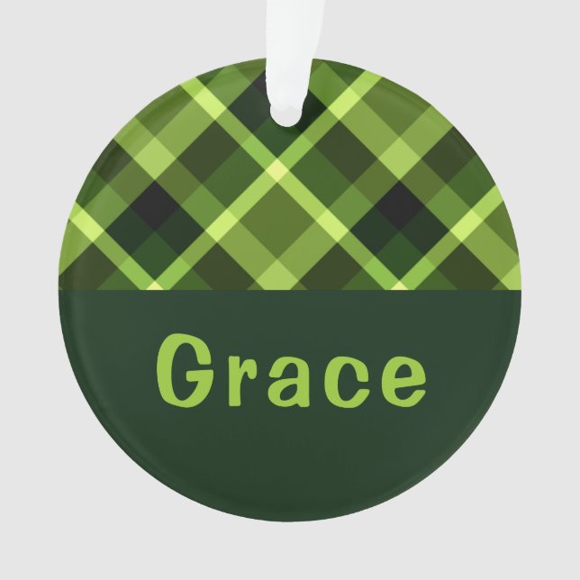 Pea Green Karierte Monogramm Circle Acrylic Orname Ornament (Vorderseite)