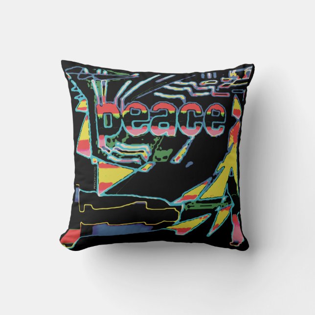 "Peace" Art Graphic Red Yellow Aqua Pink on Black Kissen (Vorderseite)