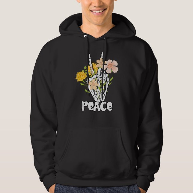 Peace Blume und Skelett Hand Peace Sign Retro B Hoodie (Vorderseite)