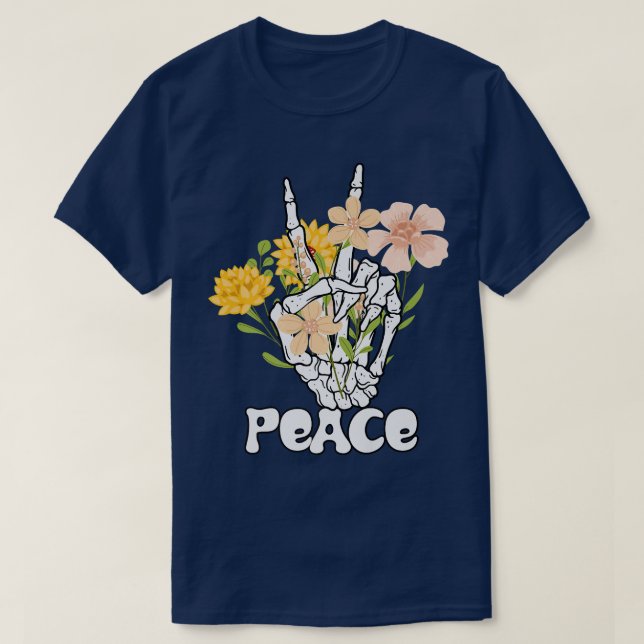Peace Blume und Skelett Hand Peace Sign Retro B T-Shirt (Design vorne)