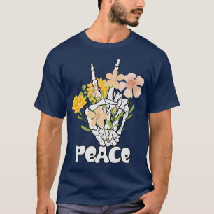 Peace Blume und Skelett Hand Peace Sign Retro B T-Shirt