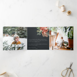 Peace Christmas Poinsettia Navy Black Pine 3 Foto Dreifach Gefaltete Urlaubskarte