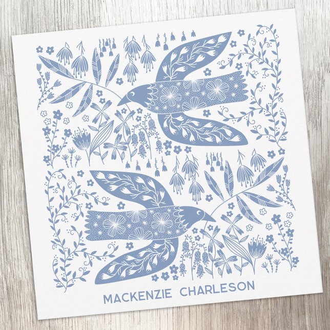 Peace Dove Blue Bird Personalized Name Mitteilungskarte (Personalized custom name peace doves blue and white bird folk art notecards)
