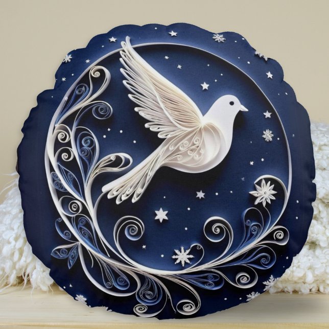 Peace Dove Imitats Papercraft Bird Blauer Weihnach Rundes Kissen (A personalized round throw pillow with Christmas dove design and festive greeting on the back)