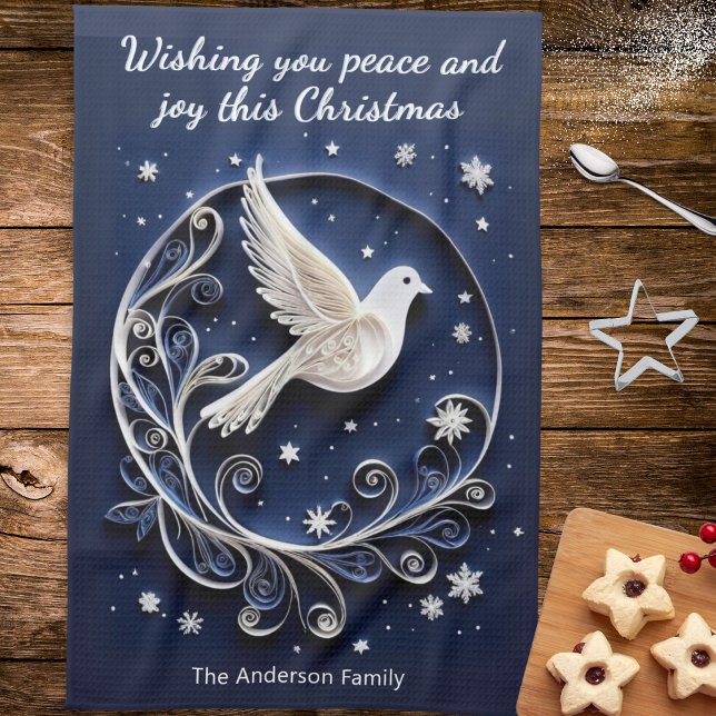 Peace Dove Imitats Papercraft New Orleans Club Geschirrtuch (A Christmas kitchen towel with white peace dove and blue sky with stars, to personalize with a name)